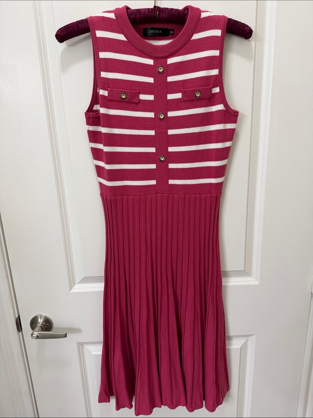 Zesica Sleeveless Striped Midi Dress in Berry Pink and White
